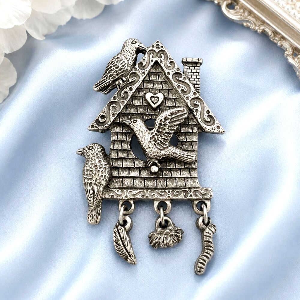Vintage Spoontiques Pewter Bird House Charm Brooch